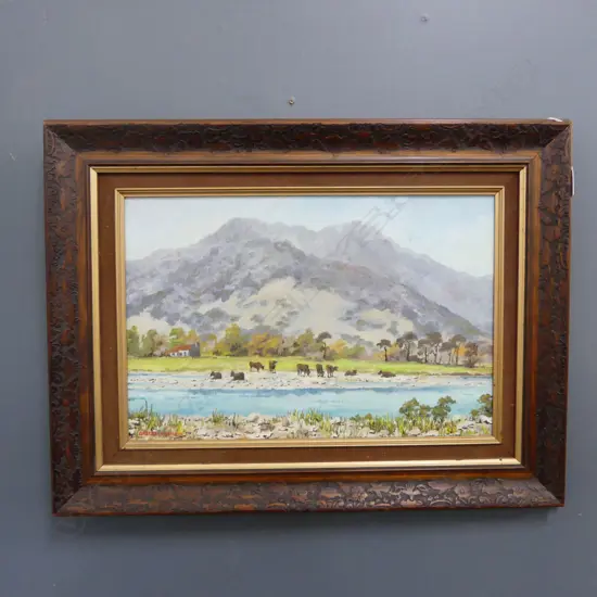 GRAEME WHIMP 'CATTLE ON SHINGLE BANK, HAUPARPARA RIVER, EAST CAPE' OIL ON BOARD '84 295x445mm