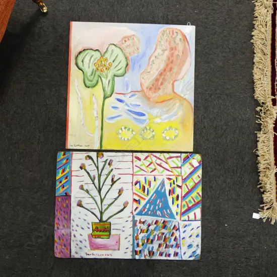 LEE FELTHAM, "I SAY BLUE" & " FLOWER GRAAL", ACRYLIC ON BOARD x 2, SIGNED 2015 and 2017, 500 X 700MM provenance below