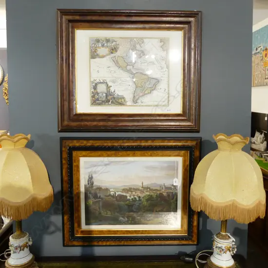 2 PRINTS; MAP OF AMERICAS, VIEW OF FLORENCE 370x505mm