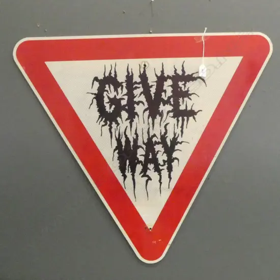 GRAFFITIED NZ METAL GIVE WAY SIGN h  760 mm
