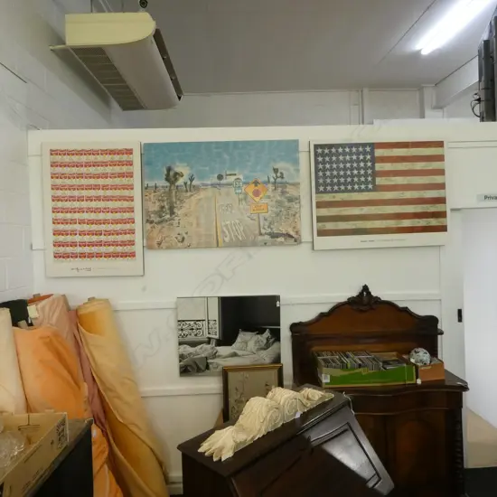 4 LG MODERN PRINTS; AMERICAN FLAG, CAMPBELLS SOUP, B/W BEDROOM, CALIFORNIA DESERT 