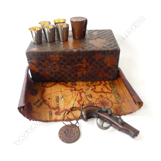 WOOD CARVED BOX & ASSORTED COSTUME INCLUDING MAP