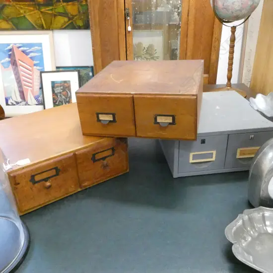 3 SMALL FILING DRAWERS; 2 WOODEN 1 METAL