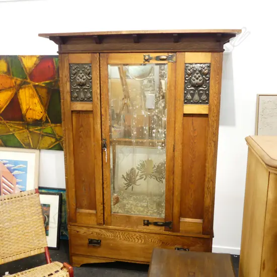 ARTS & CRAFTS OAK WARDROBE w. MIRROR 1430x540x1960mm