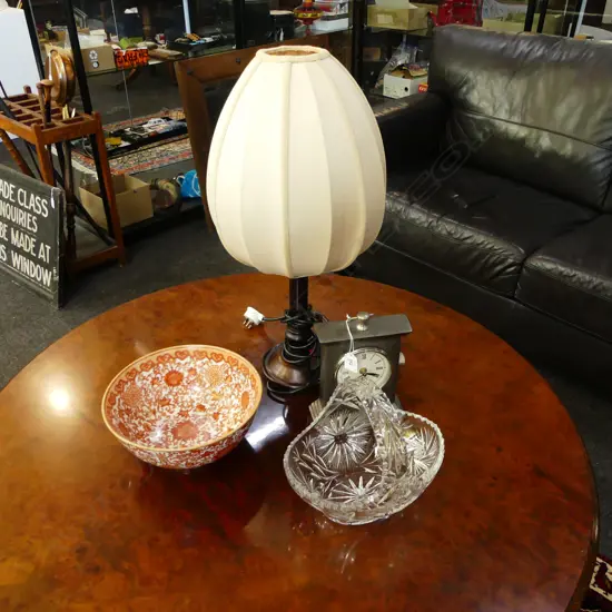 4 ITEMS; TABLE LAMP H.600mm, CLOCK, CRYSTAL BASKET, CHINESE BOWL 260mm dia