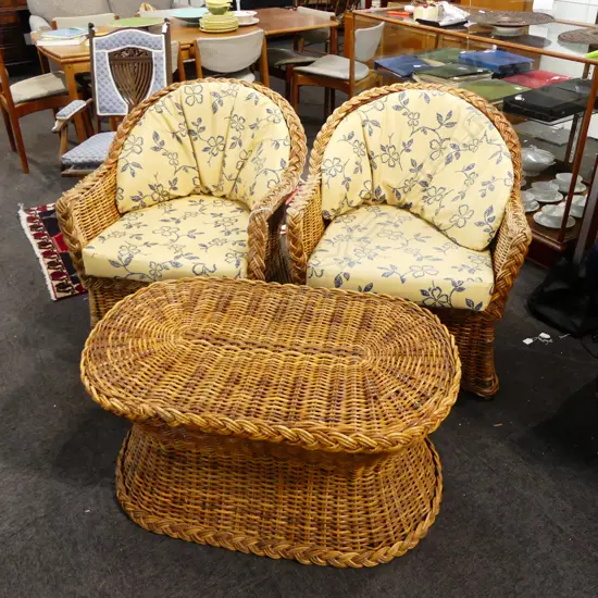3 PCE WOVEN CANE SET; PR CHAIRS & TABLE