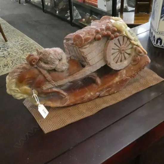 LARGE CHINESE SOAPSTONE CARVING MONEY CART & MONKEY RIDING  HORSE L.410mm