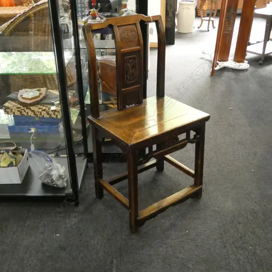 OLD CHINESE CARVED BACK & FRIEZE CHAIR