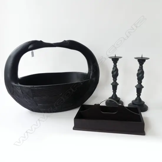 CARVED WOODEN BLACK SWAN BASKET W.580mm + PR METAL CANDLEHOLDERS, CUTLERY TRAY