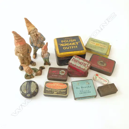 4 GARDEN GNOMES & ASST VINTAGE TINS