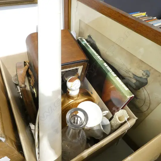 VINTAGE 'INVINCIBLE' RADIO, WALL-HANGING CLOCK, 2 DECANTERS, COM. WARE, MUHAMMAD ALI BOOK, FRAMED & UNFRAMED PRINT etc