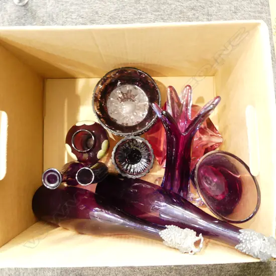 ASST COLOURED GLASSWARE INCLUDING 2 DECANTERS w. GRAPE VINE MOTIFS