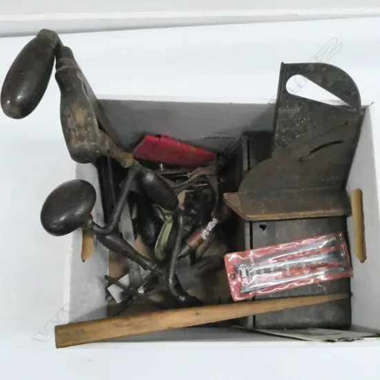 ASST VINTAGE TOOLS; SAWS, HAND DRILL, 9 ASST WHETSTONES, etc