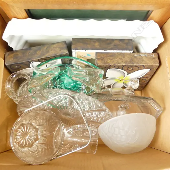 ASST GLASS/CRYSTAL, WHITE DISH, 3 ORIGINAL WORKS, FRAME & HOKITICA GLASS VASE 