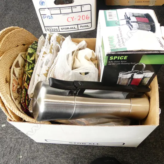 ASST LINEN, PLACEMATS AND SPICE JAR SET, THERMOS etc 