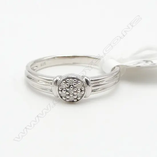 Rhodium plated SILVER & 7 small DIAMOND RING size P 1/2. As new old shop stock