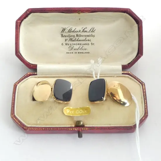 PR 9ct GOLD & ONYX VINTAGE CUFFLINKS 6.5gms in original box
