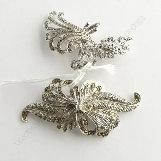 2 SILVER & MARCASITE FLORAL SPRAY BROOCHES 1 converting to a dress clip