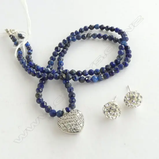 CZ/STAINLESS STEEL PENDANT ON LAPIS LAZULI NECKLACE L.430mm + PR STG/CZ EARRINGS