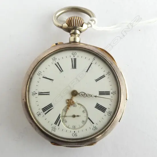 vintage SILVER OPEN FACE POCKET WATCH white enamel dial. Side sliding button for alarm not working properly