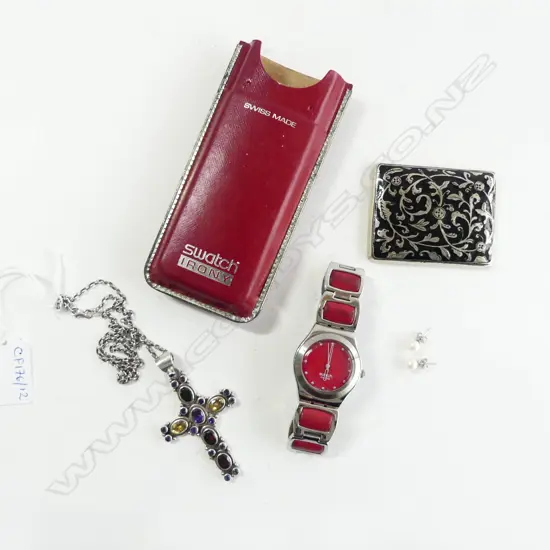 SILVER CROSS PENDANT NECKLACE + TIE CLASP 55gms, PR PEARL STUD EARRINGS, SWATCH WATCH