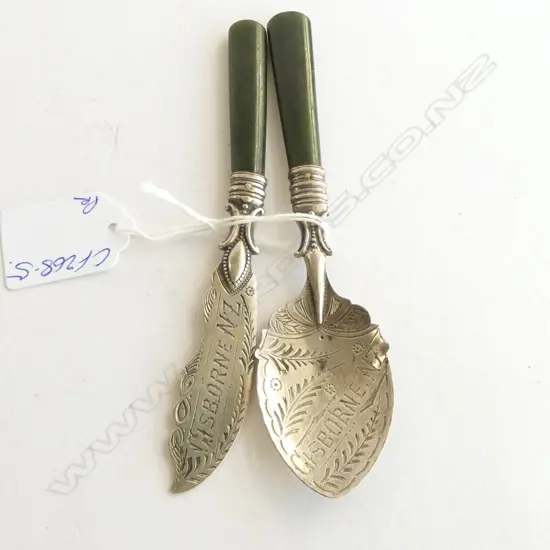 NZ COLONIAL 'GISBORNE NZ' SILVER & POUNAMU BUTTER KNIFE & SPOON marked 'A.M'