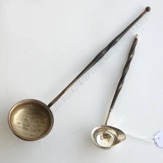 2 LADLES; GEORGIAN STG SILVER L.190mm, SILVER OVER COPPER TODDY L.295mm