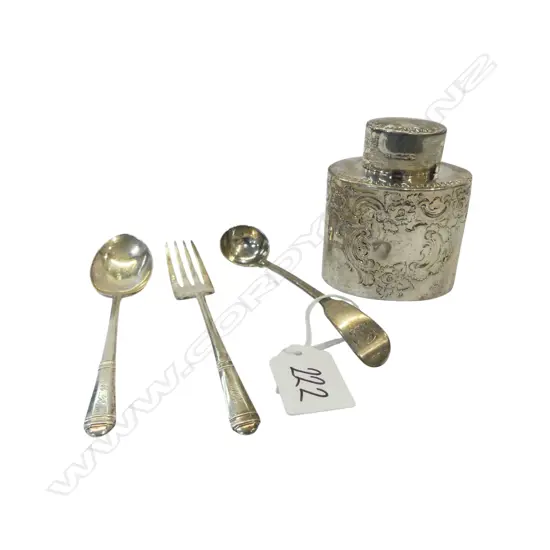 STG SILVER TEA CADDY H.85mm, SHEFFIELD 1894 + 3 PCES STG SILVER CUTLERY, TOTAL 112.86gms