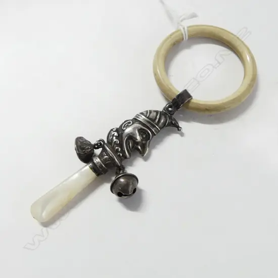 Birmingham 1926 SILVER PUNCH BABIES RATTLE with mop teething bar & hard plastic ring