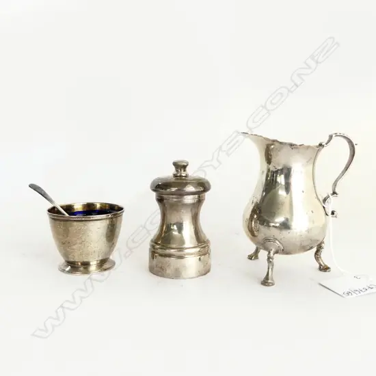 3 PCES STG SILVER; JUG H.95mm 108grms, PEPPER GRINDER, SALT (46g)