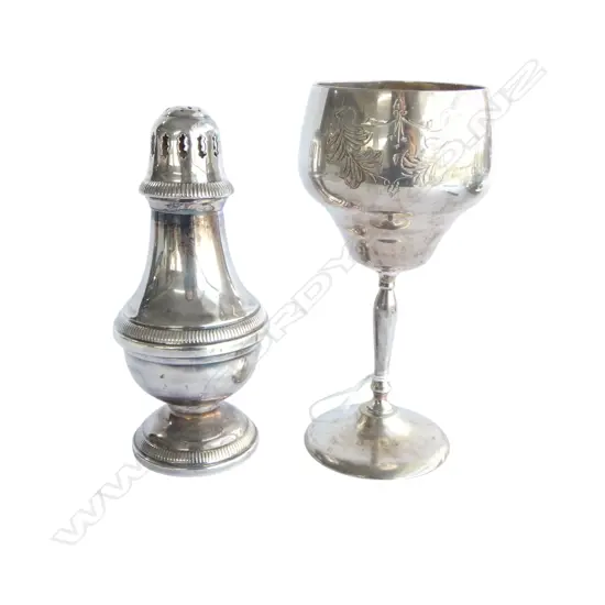FRENCH SILVER PLATE SUGAR CASTER AND A GOBLET