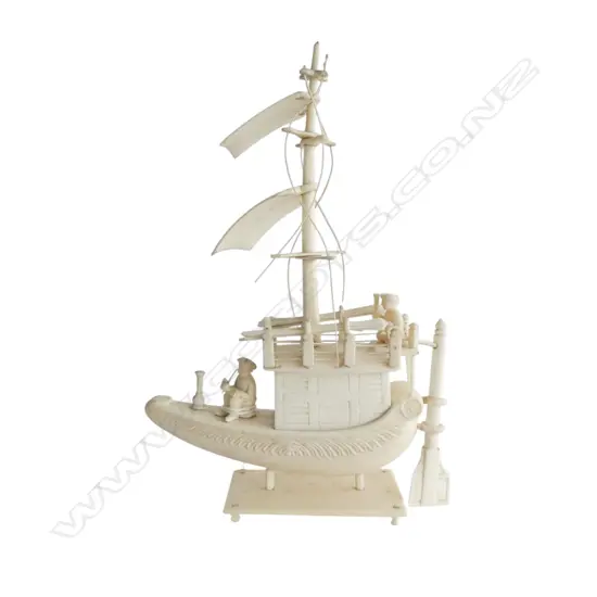 OLD INDIAN CARVED IVORY SAIL BOAT WITH FIGURES some faults H.200mm