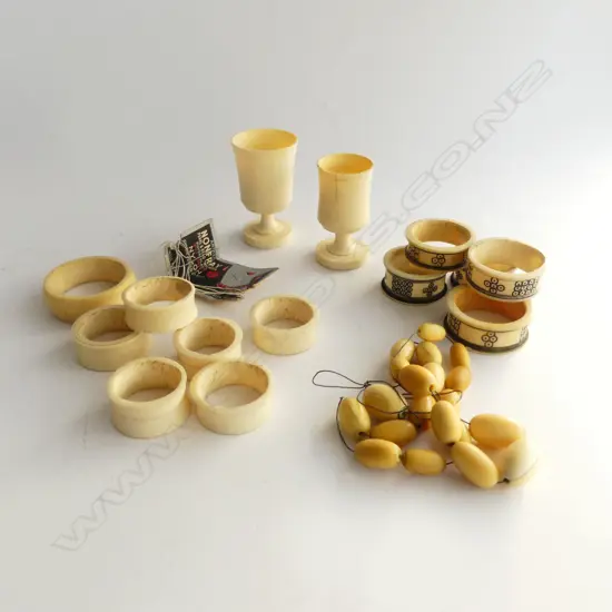 VINTAGE IVORY COLLECTION: 2 goblets + 12 various napkin rings + necklace needs restringing
