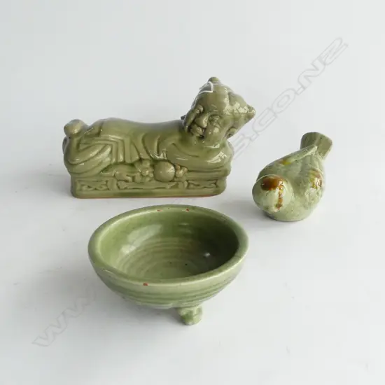 3 PCES ORIENTAL CELADON CERAMICS; HEAD REST W.260mm, BOWL 130mm dia, SPARROW