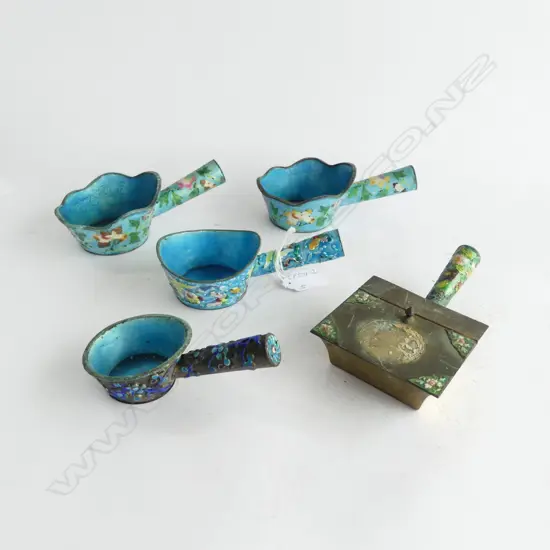 5 CHINESE ENAMELLED BLUE HANDLED silvered COPPER SILK IRONS. Hot coals traditionally placed inside 