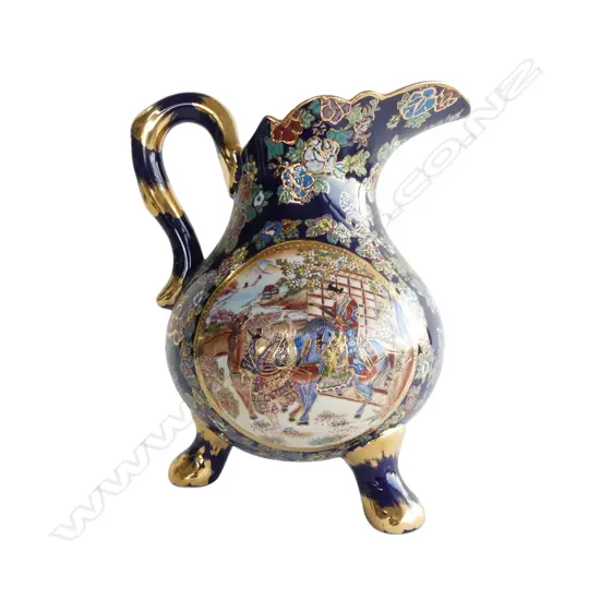 LARGE JAPANESE SATSUMA JUG cobalt ground figures in walled garden w gilt highlights H.295mm