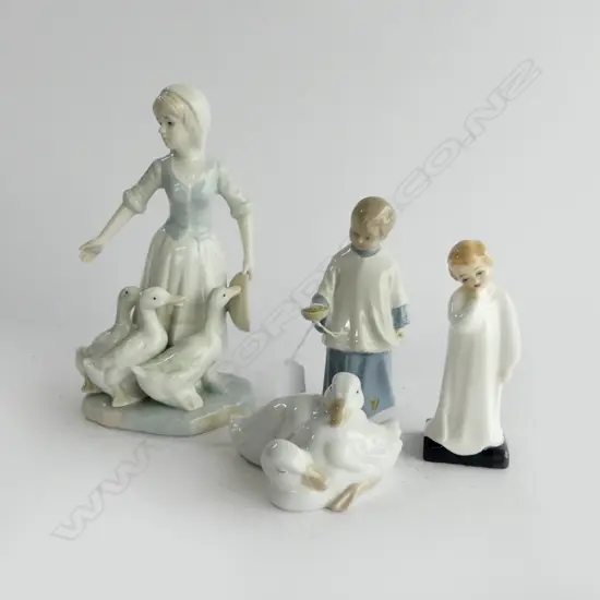2 LLADRO STYLE FIGURINES, NAO WHITE DUCKS, ROYAL DOULTON 'DARLING' H.125mm