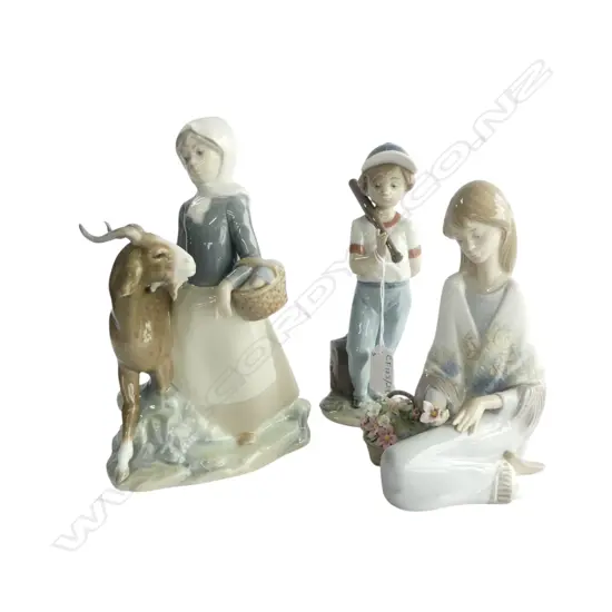 3 LLADRO w. FAULTS; BASEBALL BOY (NECK), GIRL w. GOAT (HORNS), WOMAN w. FLOWER (PETAL) H.210mm