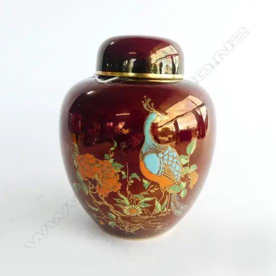 CARLTON WARE ROUGE ROYALE GINGER JAR w peacock butterflies & florals H.160mm
