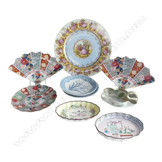 GERMAN MEISSEN TYPE PLATE + 8 SMALL DISHES: porcelain + oriental porcelain & 2 enamelled