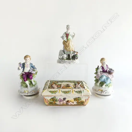 3 PORCELIAN FIGURES (1 GERMAN + 2 musical) + ITALIAN LIDDED BOX with cherubs. L.180mm