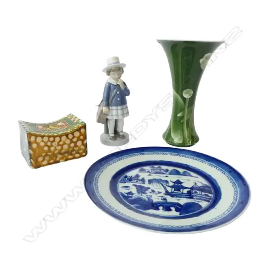 ROYAL COPENHAGEN FIGURE H.180mm, ORIENTAL B/W PLATE, VASE (FAULTS) & OTHER (4)