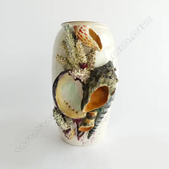 VICTORIAN CERAMIC VASE with SCULPTED APPLIED sea SHELLS & CORALS H.210mm. with English rego diamond. minor faults