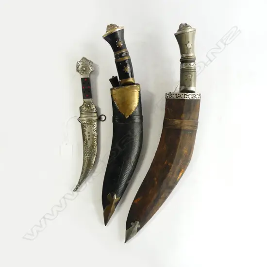 3 KNIVES; 2 INDIAN KUKRI L.445mm, TRIBAL DAGGER L.265mm