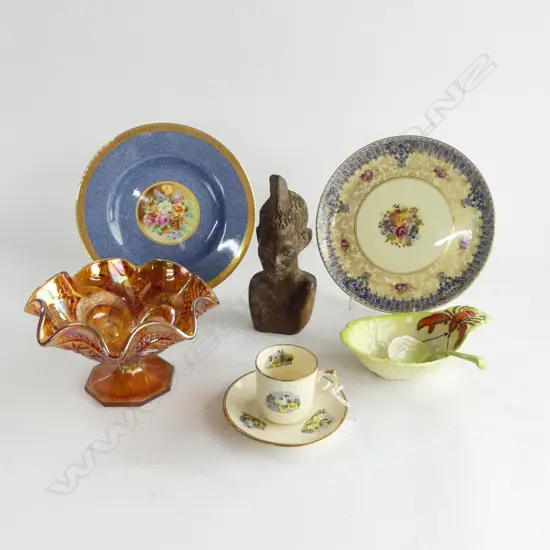 CROWN LYNN CHILDS C/S, CARNIVAL GLASS COMPORT, CARLTONWARE DISH, 2 PLATES, AFRICAN BUST H.185mm