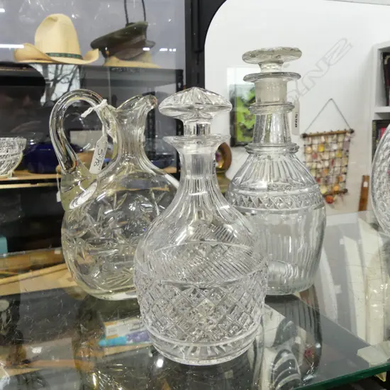 3 OLD CRYSTAL PCES: VICTORIAN dble ring decanter + mallet body decanter + flask