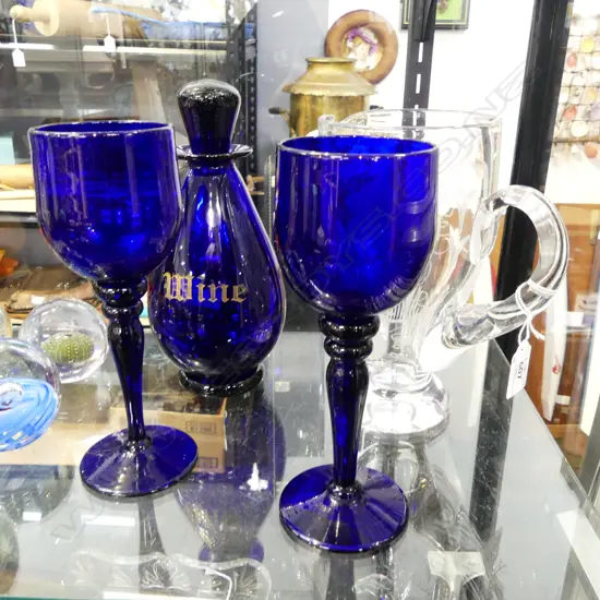 BLUE GLASS DECANTER & PR WINE GLASSES + STUART CRYSTAL JUG H.220mm