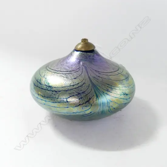 Alan Fox (Australian) IRIDESCENT PEACOCK TYPE GLASS OIL LAMP compressed circular form Signed 'A. Fox '97. W.A.' Dia.115m
