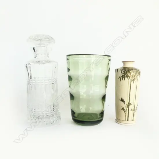 WHITEFRIARS GREEN WAVE VASE, H.200mm, JAPANESE SATSUMA VASE & CRYSTAL DECANTER