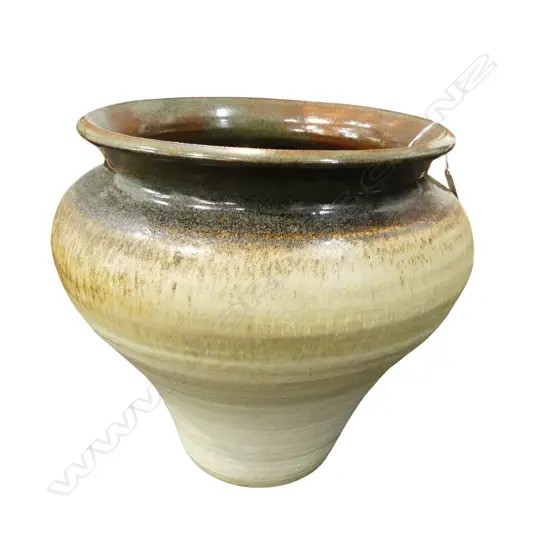 VERY LARGE POTTERY FLOOR POT flared form with everted rim dark brown rim & interior. H.380mm